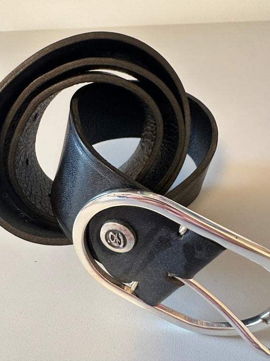 Black Leather Belt with Silver Oval Buckle