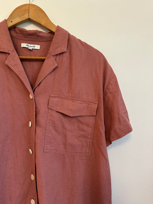 Madewell Short Sleeve Linen Blend Camp Shirt in Terracotta Rose | Size Small
