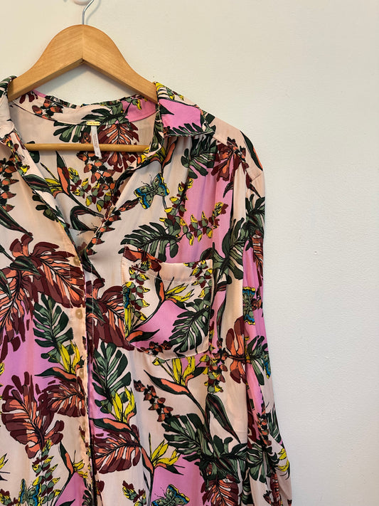 Free People Tropical Palm Butterfly Print Button Down Blouse | Size Small
