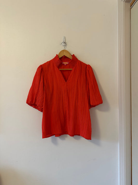 THML Lindsay Puff Sleeve Textured Top in Coral | Size Small