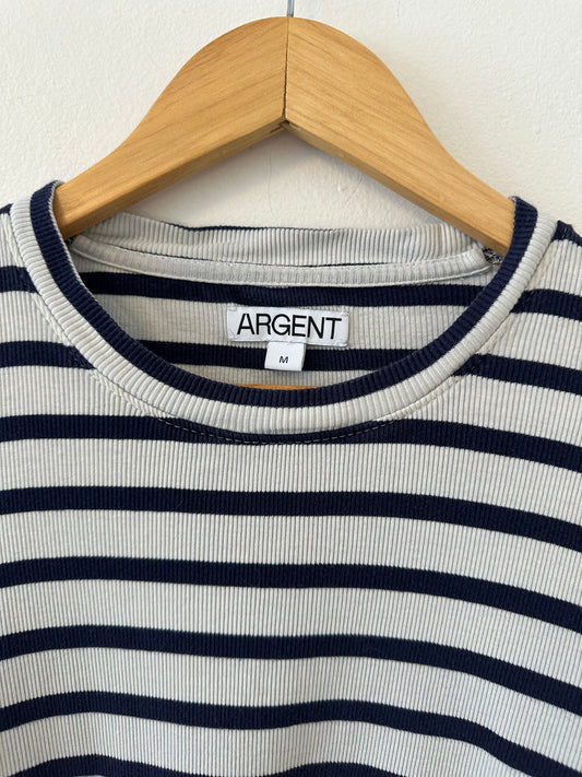 Argent Long Sleeve Ribbed Navy and Cream Striped T-Shirt | Size Medium