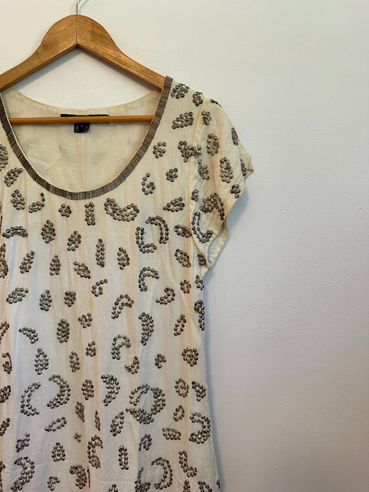 French Connection White Cotton Metal Sequin Beaded Shift Dress | Size 4