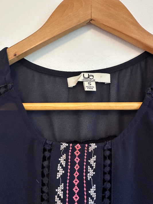 YA Los Angeles Navy Blue Silk Blend Embroidered Sleeveless Blouse | Size Small