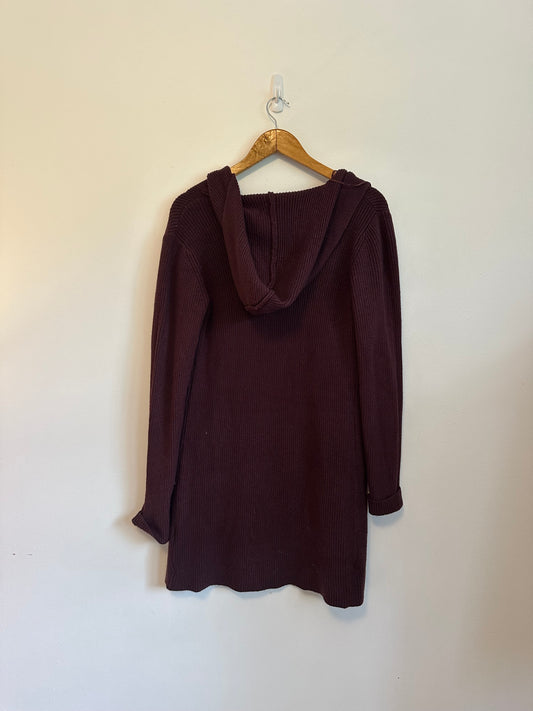Cyrus Burgundy Ribbed Hooded Open Front Longline Cardigan Sweater | Size Small