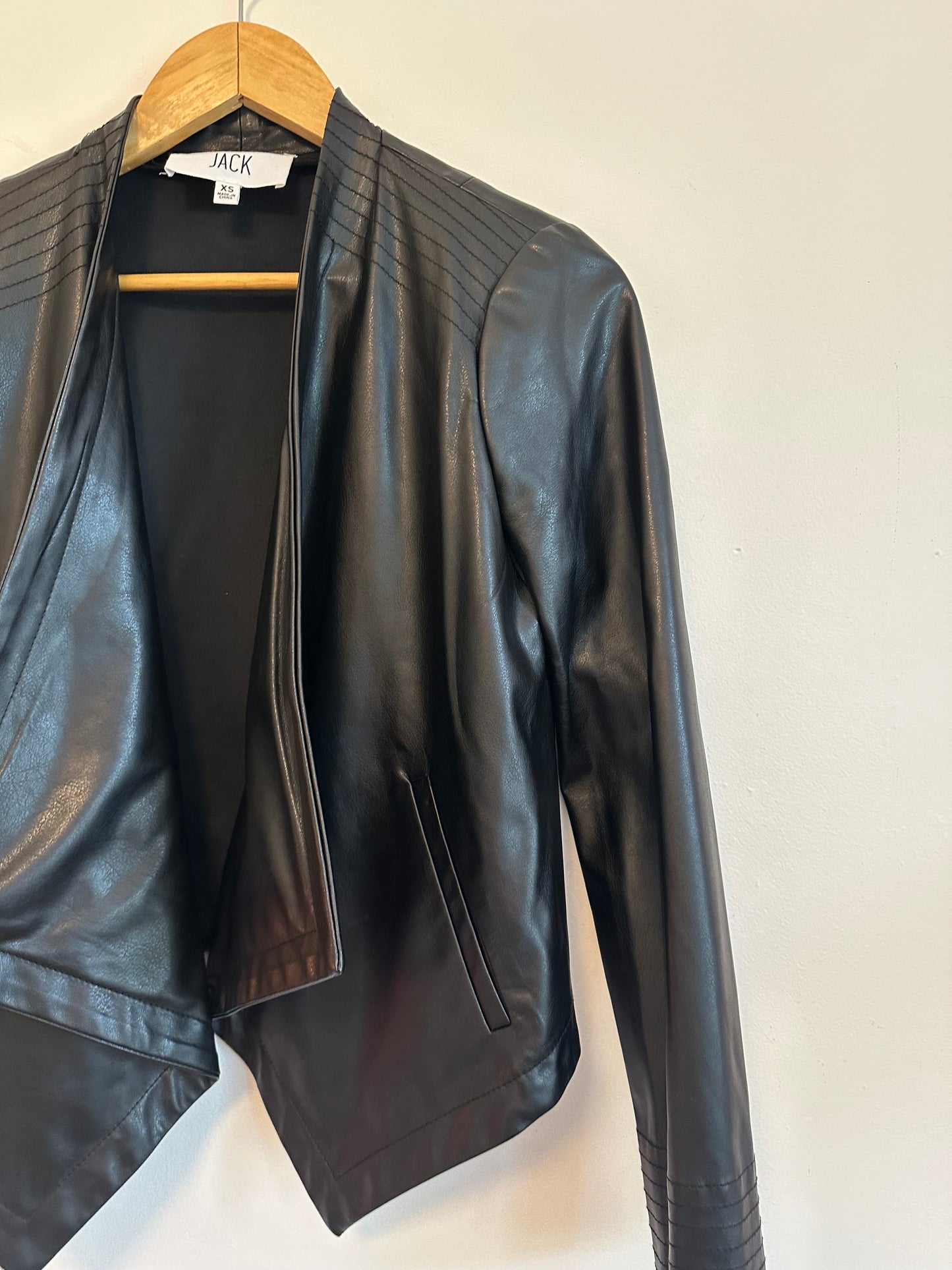 Jack by BB Dakota Black Faux Leather Draped Open Front Moto Jacket | Size XS