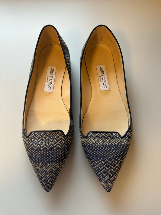 Jimmy Choo Attila Pointed Toe Flat in Navy Blue Woven Fabric | Size 38.5