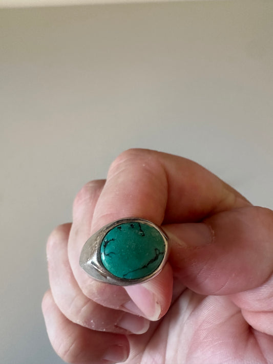 Vintage Turquoise Signet Silver Tone Ring