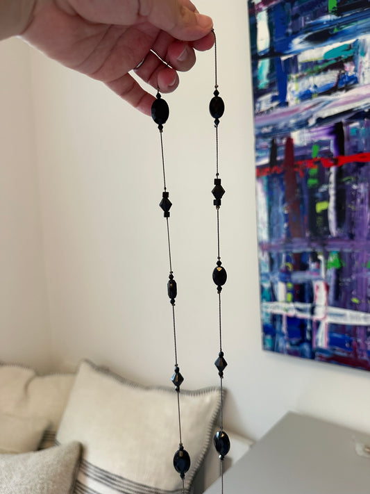 Vintage Long Black Faceted Bead Station Gunmetal Chain Necklace