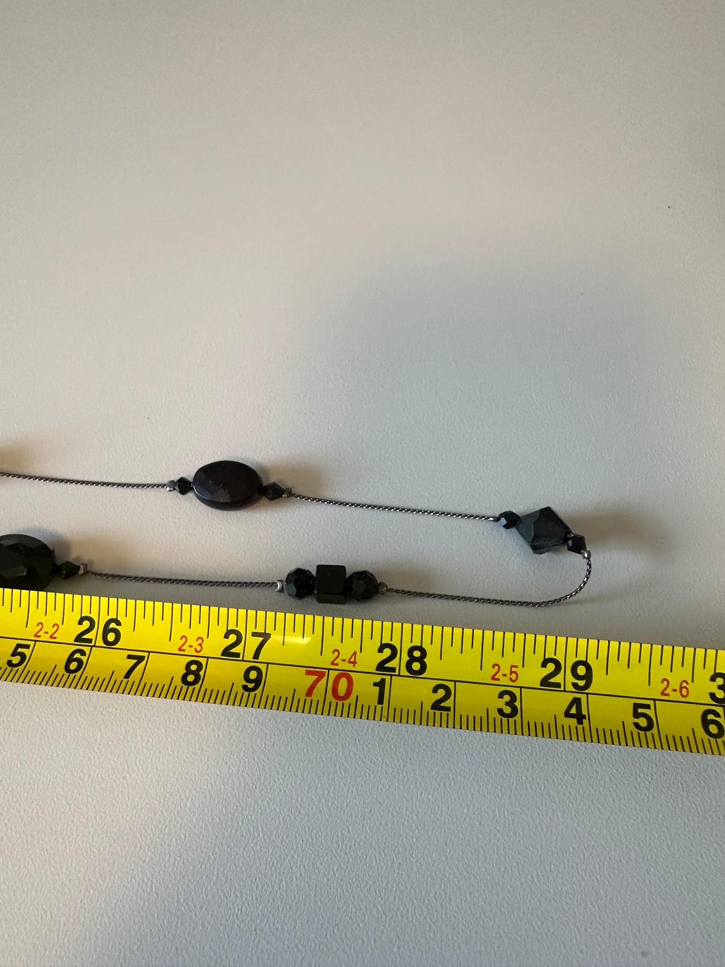 Vintage Long Black Faceted Bead Station Gunmetal Chain Necklace