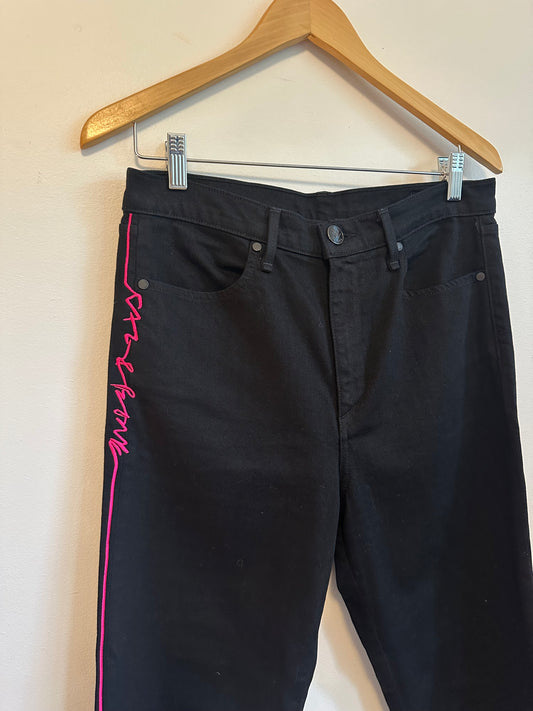 Rag & Bone Black Skinny Jeans Neon Pink Side Stripe Embroidered Size 30 USA