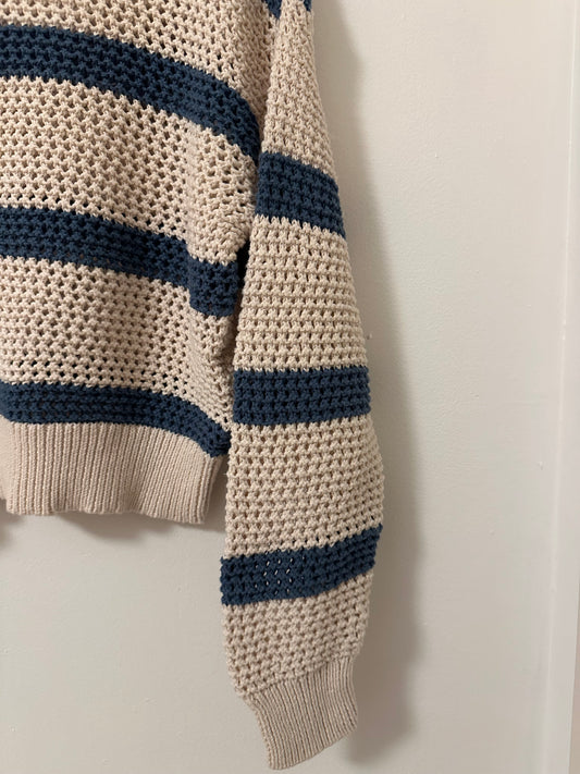 Z Supply Cotton Blend Striped Blue and Cream Cropped Sweater | Size Small