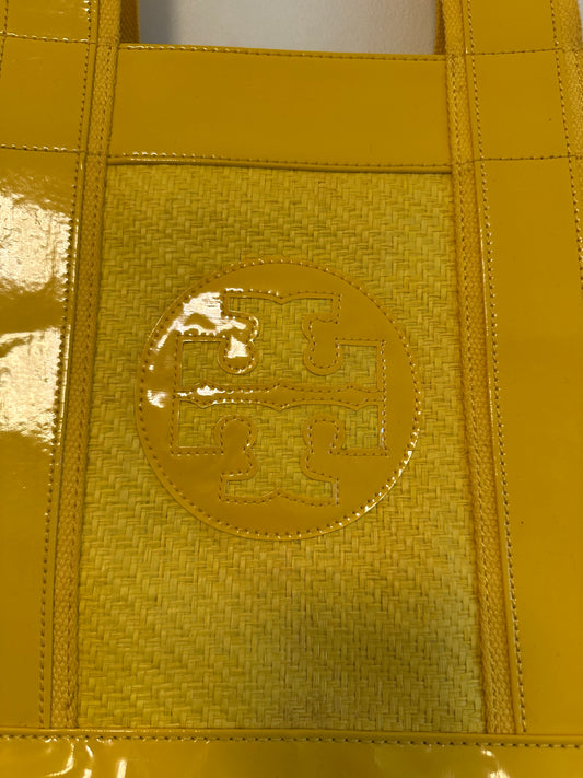 Tory Burch Ella Yellow Patent Leather and Woven Straw Tote Bag