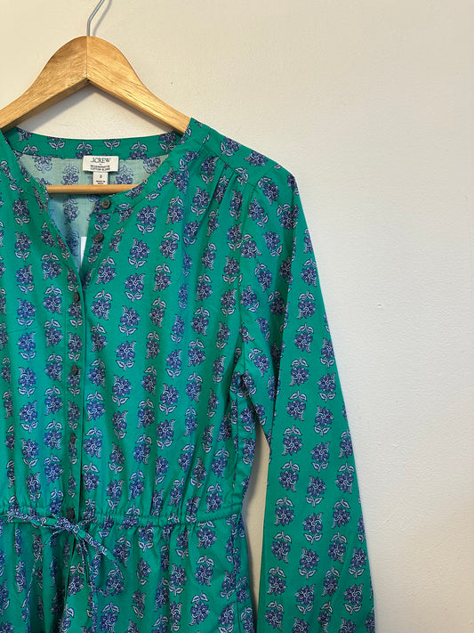 NWT J. Crew Green Floral Cotton Long Sleeve Mini Dress | Size 2