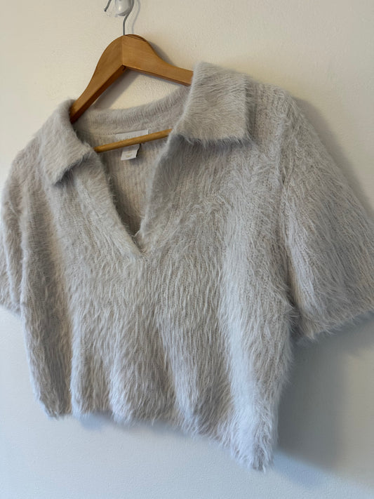 House of Harlow 1960 Fuzzy Pastel Blue Cropped Polo Sweater | Size Large