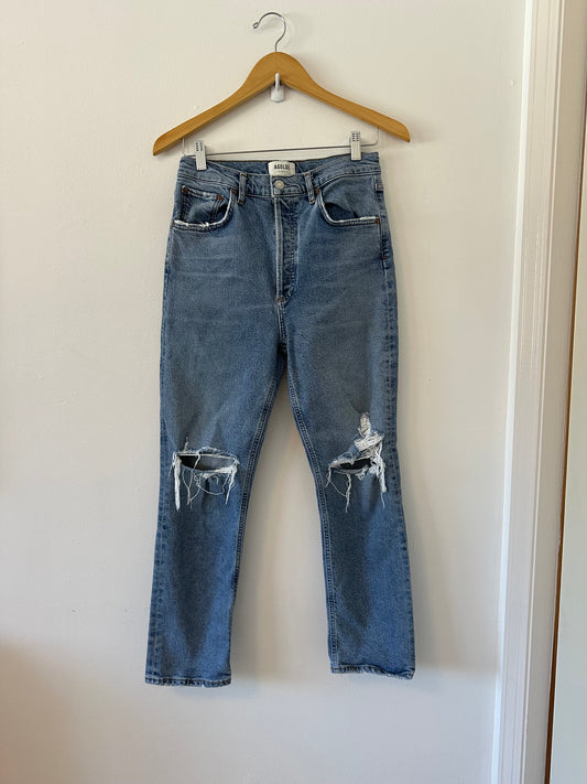 Agolde Riley Distressed Straight Leg Stretch Blue Jeans | Size 28