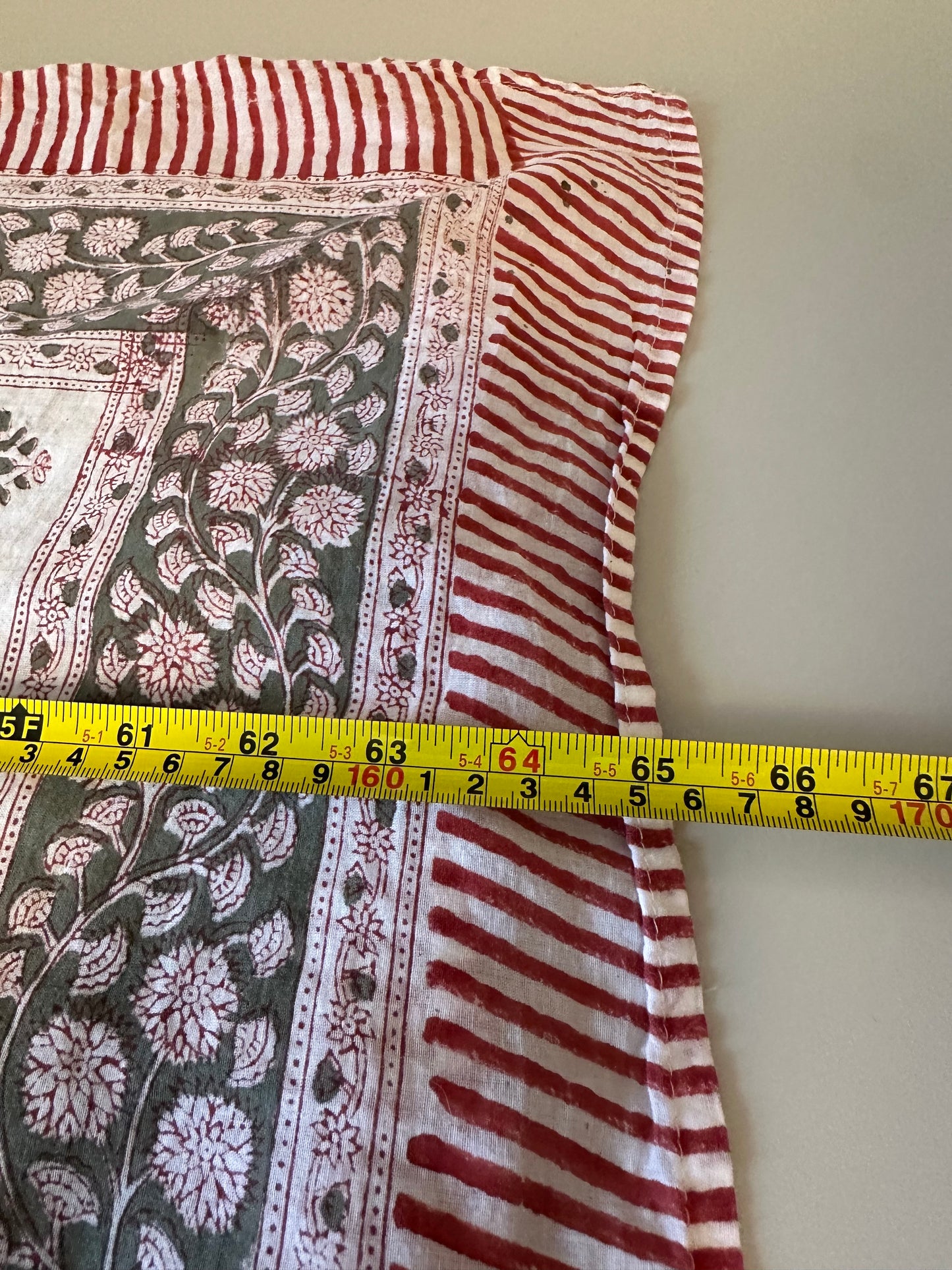 Floral Block Print Cotton Scarf in Olive Green, White, and Red