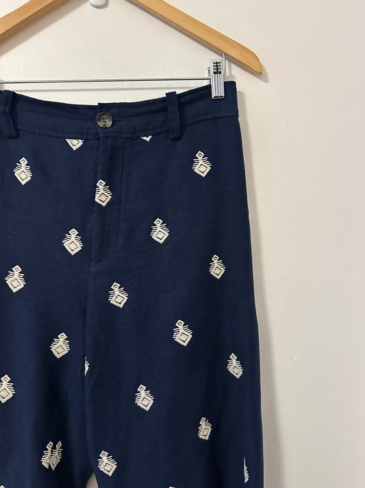 Zara Navy Blue Embroidered Wide Leg Pants | Size Small