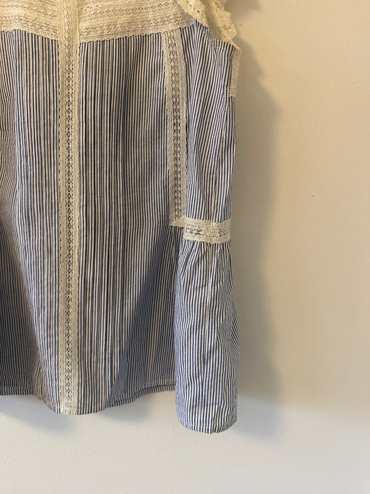 Sezane Diana Blue and White Striped Blouse with Ivory Lace Trim and Back Cutout