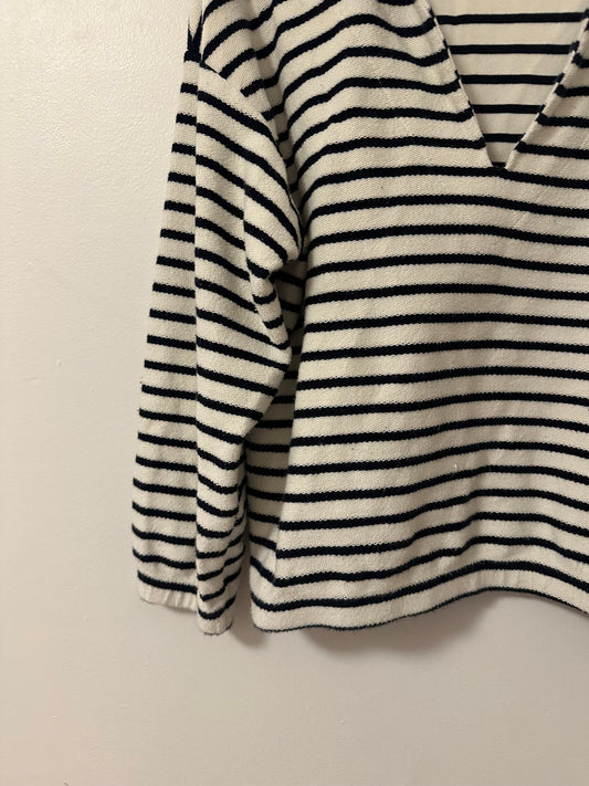 Hello Nite Kai Johnny Collar Cotton Striped Pullover Sweatshirt | Size Large