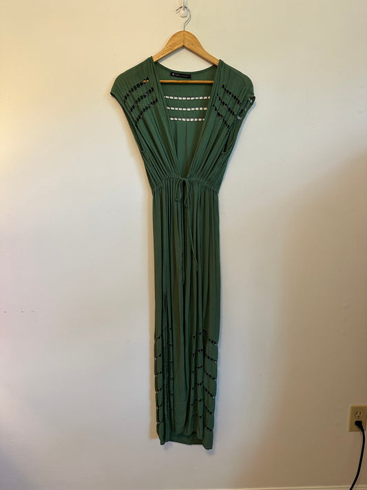 Vix Paula Hermanny Pamela Tie-Front Crochet-Trimmed Voile Kaftan in Green | XS