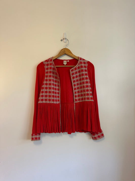 Anthropologie Red Embroidered Peplum Open Jacket | Size 2