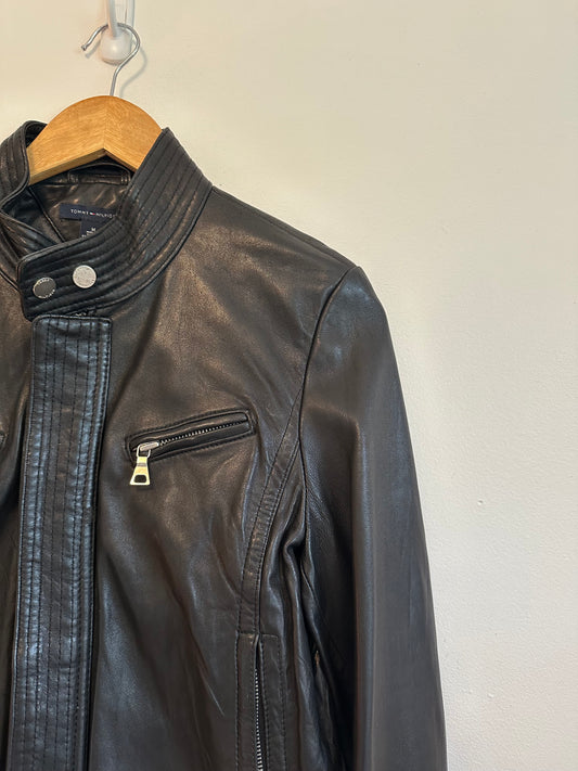 Tommy Hilfiger Black Leather Moto Jacket | Size Medium