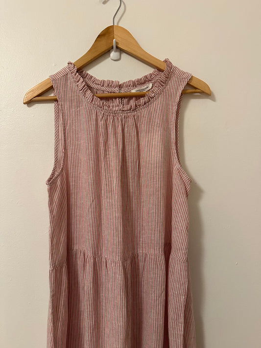 NWT beachlunchlounge Red and White Stripe Ruffle Cotton Linen Dress | Medium