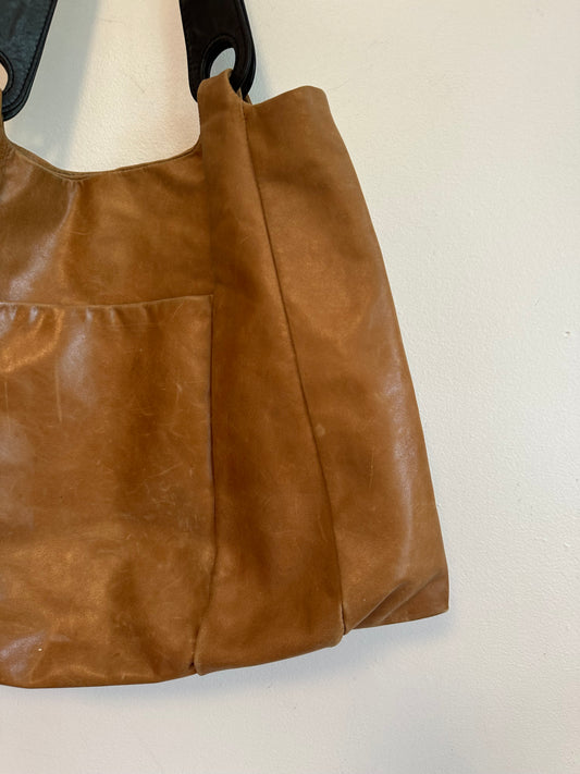 Hobo Contrasting Light and Dark Brown Leather Tote Bag