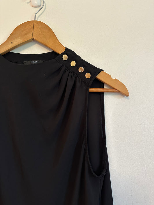 Tahari Black Sleeveless High Neck Blouse with Gold Shoulder Buttons | Size Medium