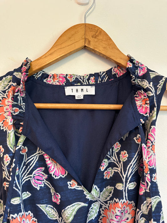 THML Navy Blue Floral Smocked Waist Tiered Mini Dress | Size XS