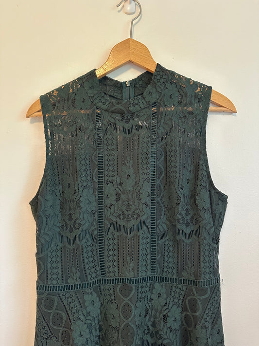 BB Dakota Forest Green Floral Lace Mock Neck Fit & Flare Dress | Size 10