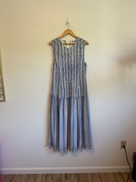 NWT Marie Oliver Smocked Drop Waist Porter Dress in Blue and White | Size Large