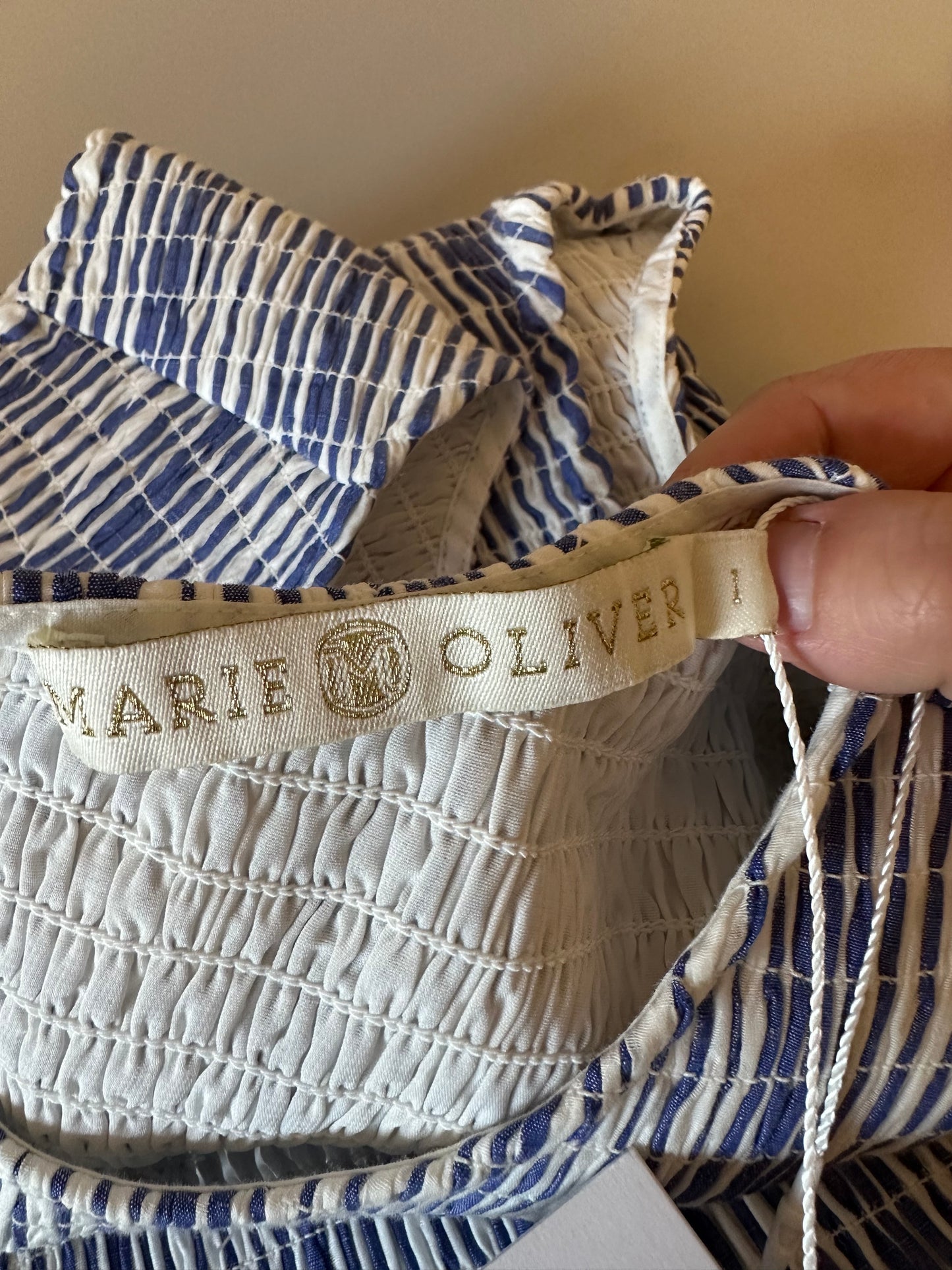 NWT Marie Oliver Smocked Drop Waist Porter Dress in Blue and White | Size Large