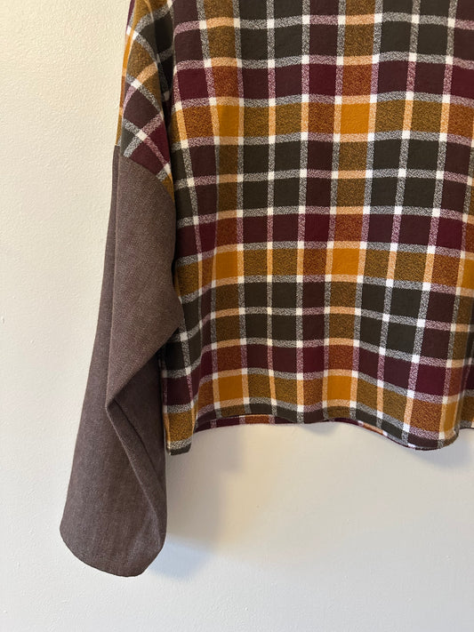 Paper Crane Plaid Boxy Cropped Long Sleeve Top with Solid Brown Sleeves | Small