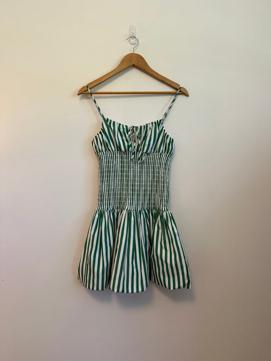 Gianni Bini Ellie Green and White Striped Smocked Bubble Hem Dress | Size Small
