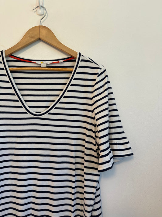Boden Navy and White Striped V-Neck Ruffle Sleeve T-Shirt Dress | Size 14