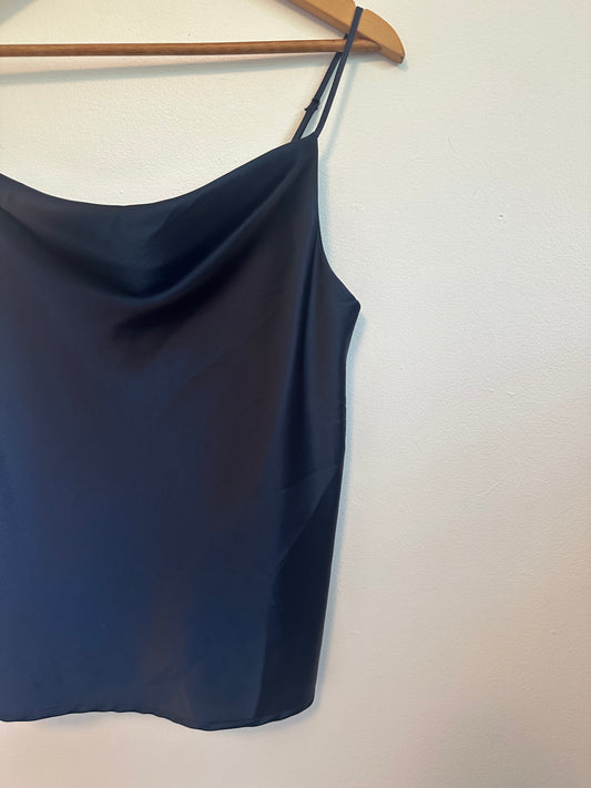 NWT Anthropologie RO&DE Navy Satin Cowl Neck Tank Top | Size Small