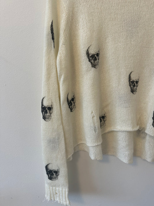 Wooden Ships Skull Printed Distressed Lightweight Sweater | Size Small