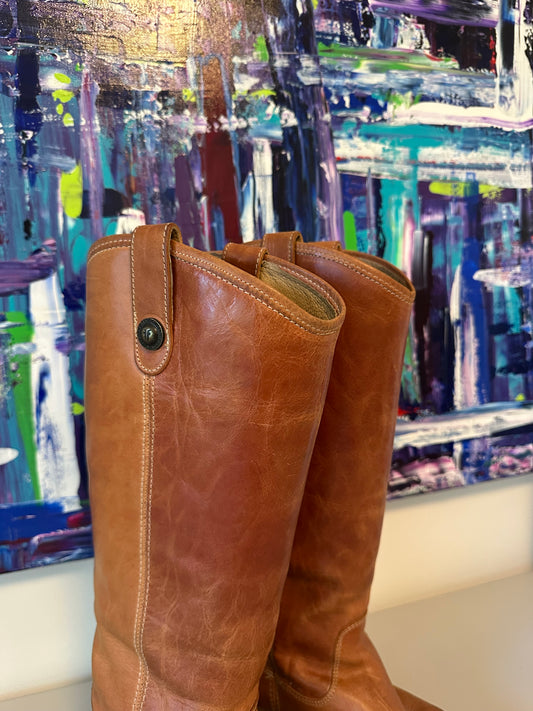 Frye Melissa Button Tall Leather Riding Boots in Cognac Tan | Size 8