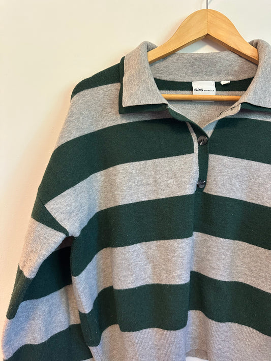525 America Grey and Green Striped Cropped Polo Sweater | Size Large
