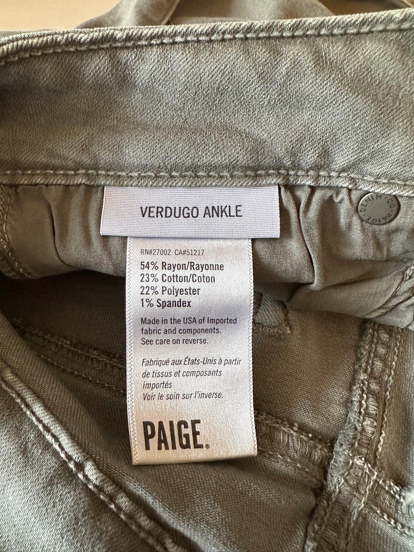 Paige Verdugo Ankle Skinny Jeans in Olive Green | Size 27