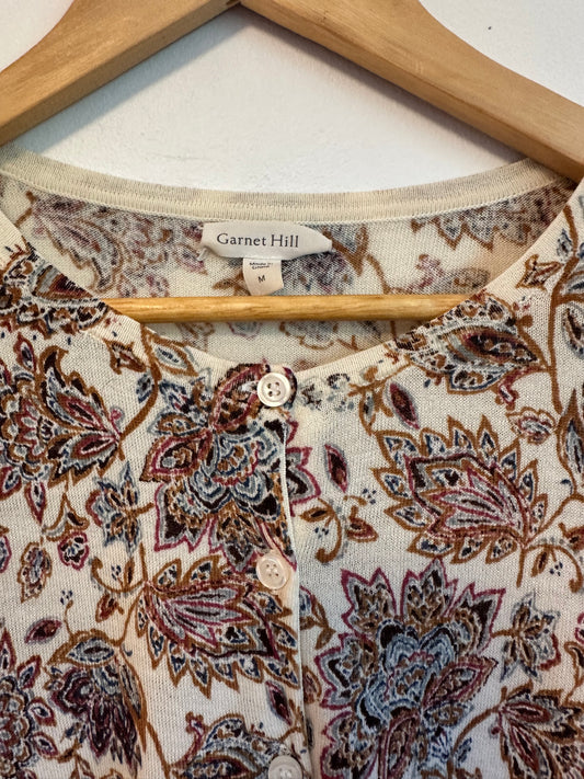 Garnet Hill Merino Wool Paisley Floral 3/4 Sleeve Cardigan | Size Medium