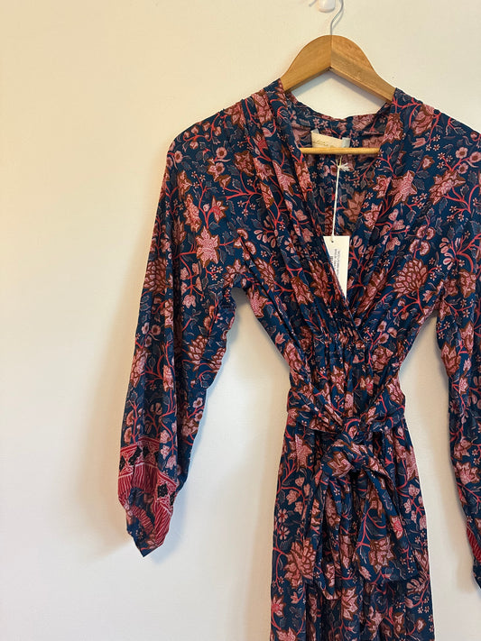 NWT Natalie Martin Nico Long Sleeve Dress with Sash in Indigo Dahlia Floral | XS