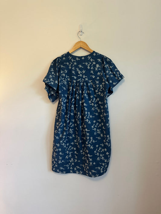 Mirth Indigo Block Print Short Cotton Mini Dress with Pockets | Size XS