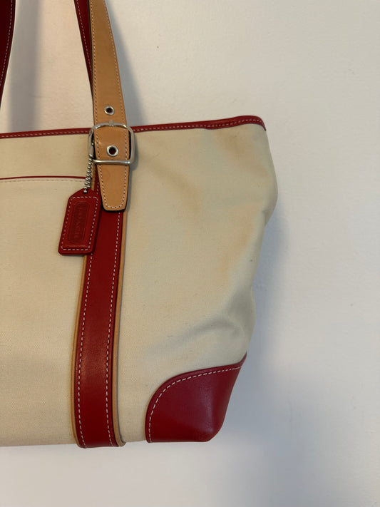 Coach Hamptons Weekend Tote Bag in Cream Canvas and Red Leather Trim
