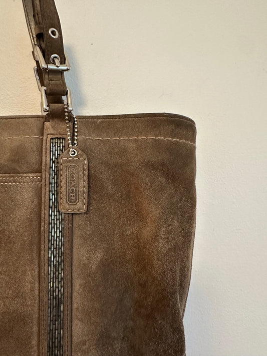 Coach Hampton Brown Suede Beaded Tote Bag with Metallic Leather Trim