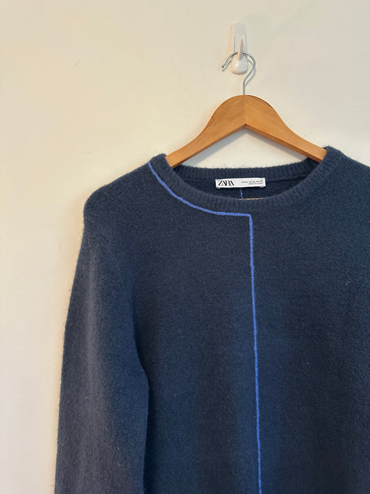 Zara Navy Blue Wool Blend Geometric Line Knit Sweater | Size XL