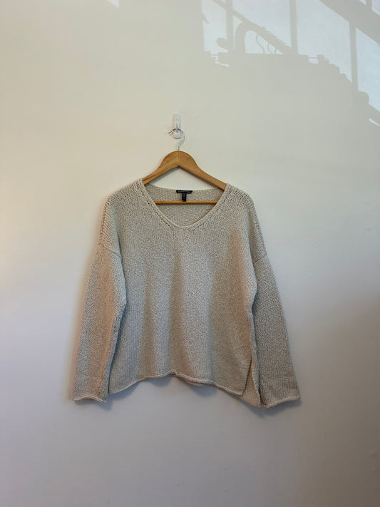Eileen Fisher Organic Cotton V-Neck Sweater in Cream | Size Small