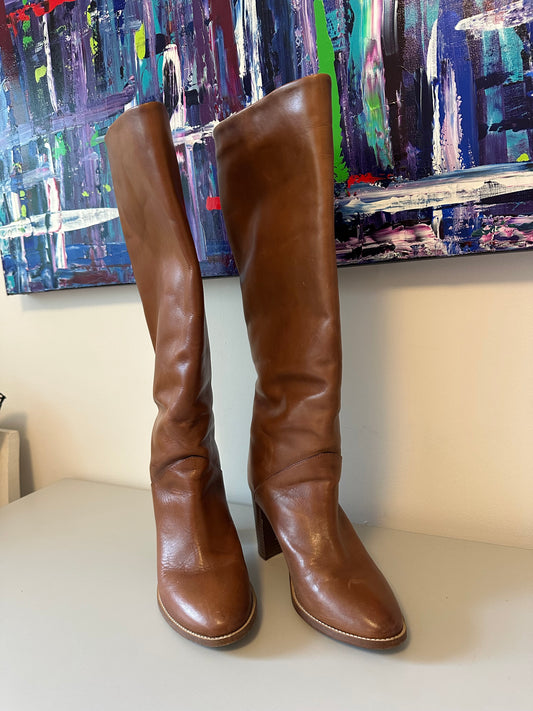 Banana Republic Tall Cognac Leather Block Heel Boots | Size 10