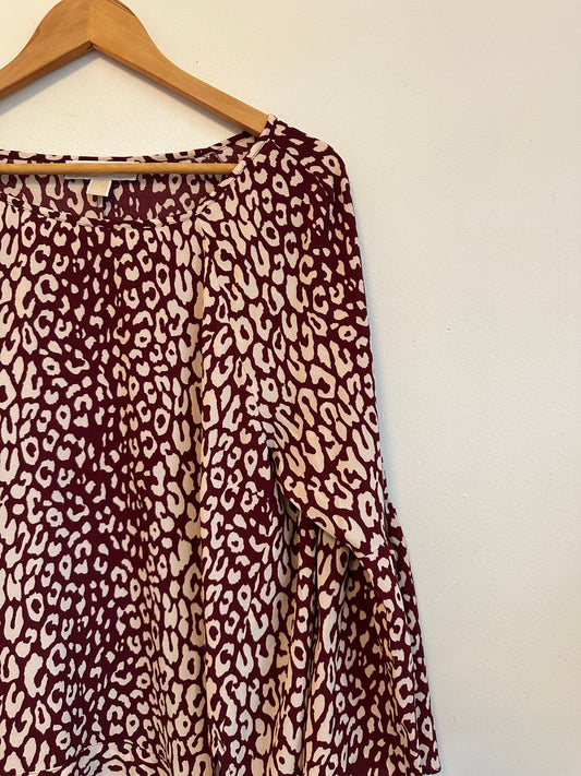Michael Michael Kors Burgundy Leopard Print Bell Sleeve Side Tie Blouse | Size Large